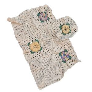 Crochet, Vintage White and colorful Flowers Cotton Granny Squares